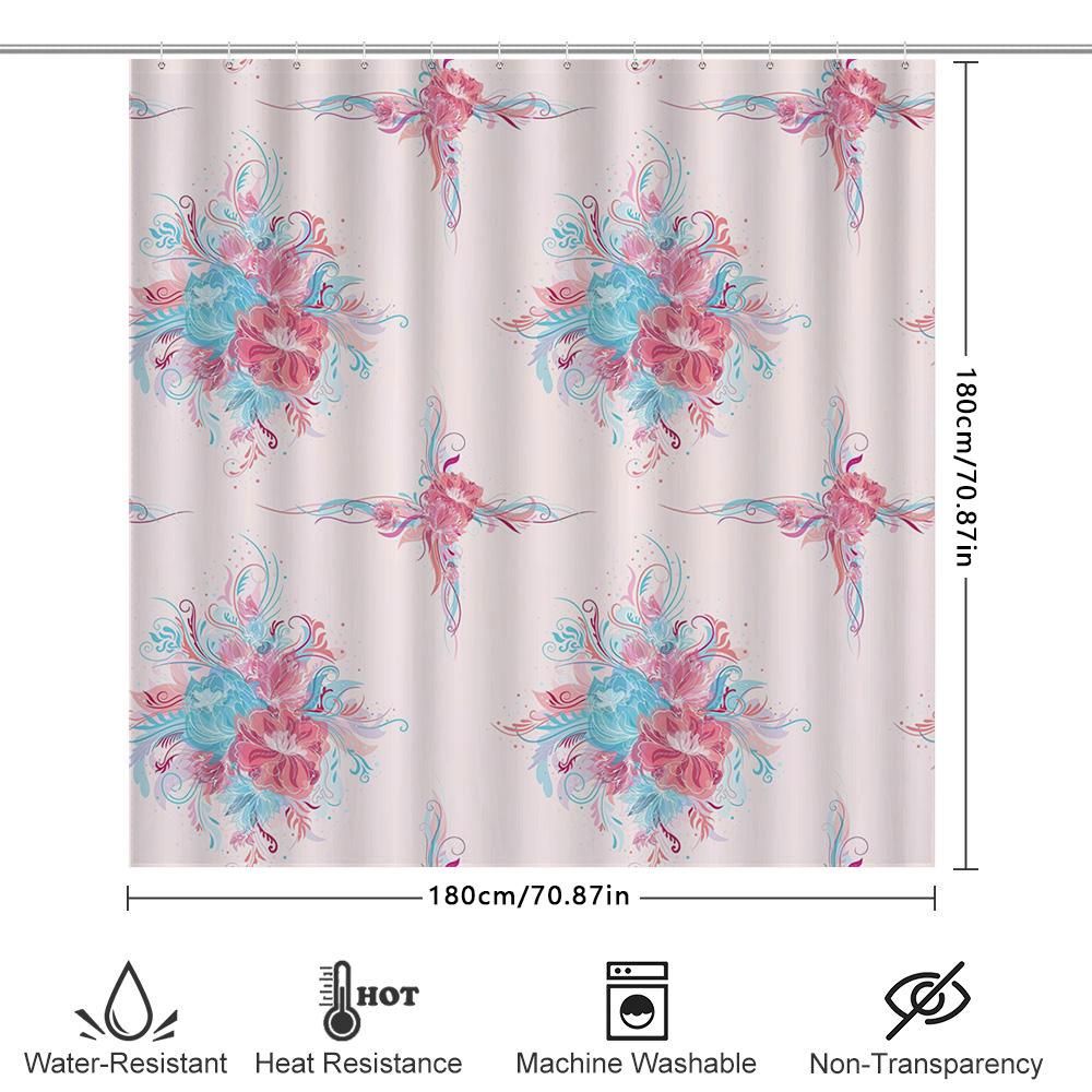 Beautiful Pink Blue Floral Print Shower Curtain Set Bathroom Decor Waterproof Fabric For Bathrooms