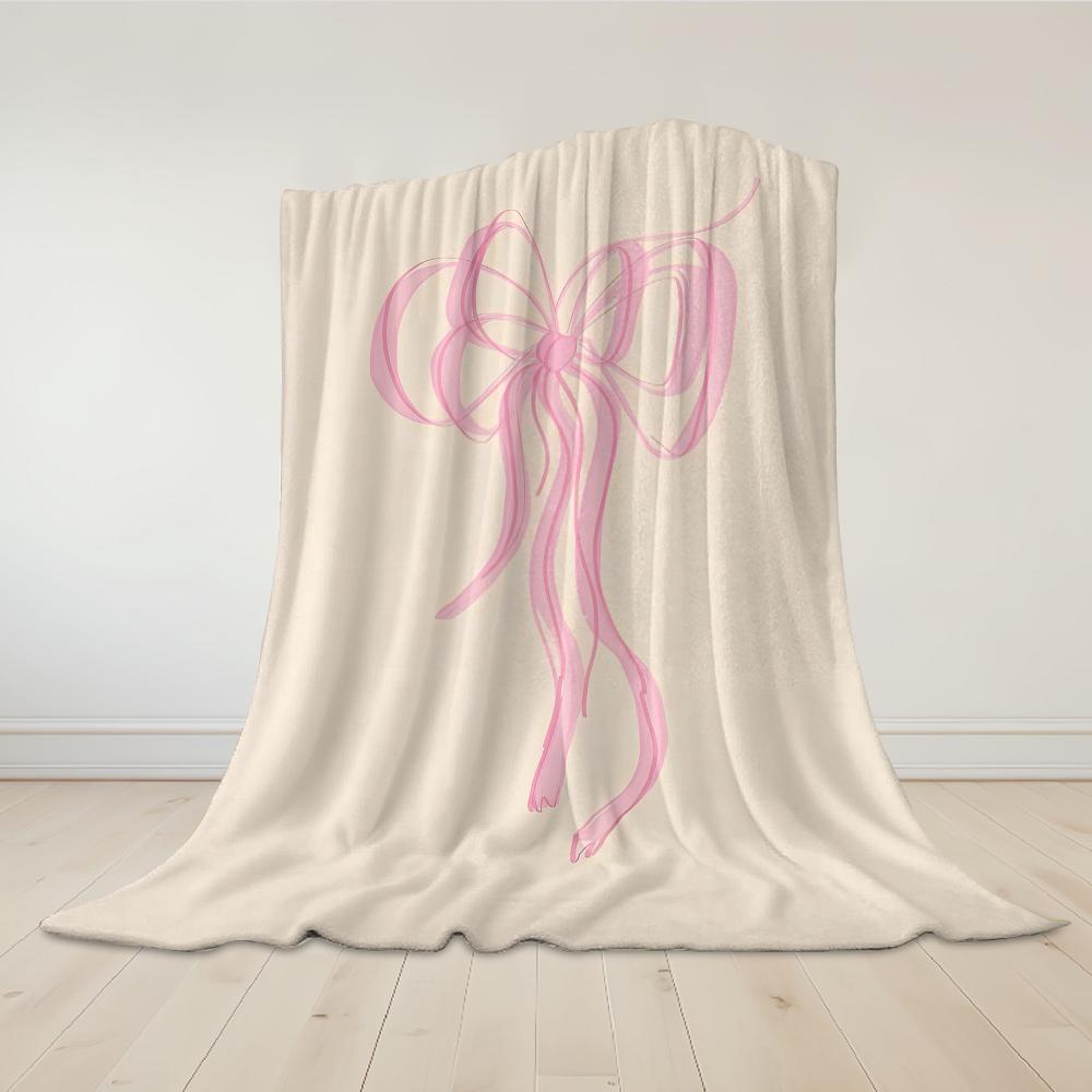 Blush Ribbon Bow Flannel Blanket Warm Soft Halloween Christmas Couch Warm Cozy Decorative Decor Gift for All Season