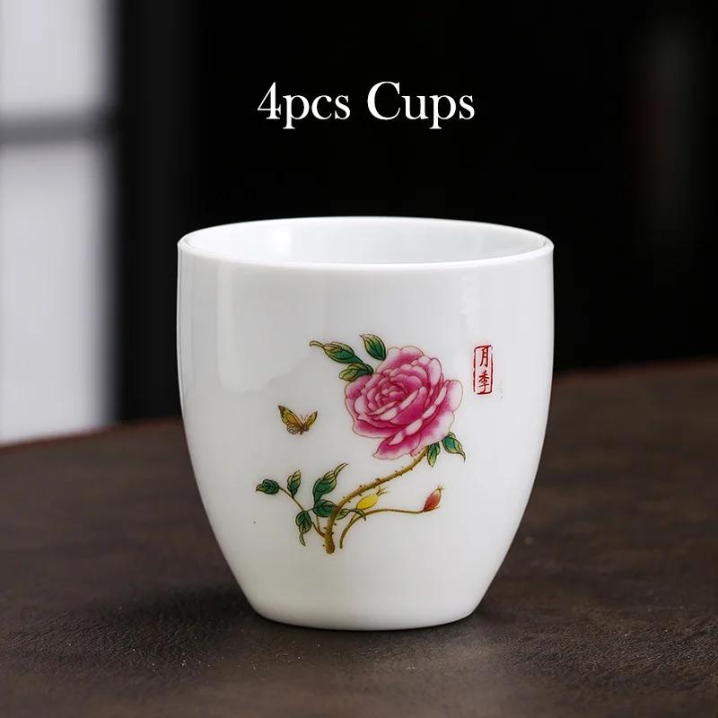 4pcs White Porcelain Teacup 145ml High-capacity Hand-Painted Ceramic Tea Bowl Travel Meditation Cup Chinese Tea Set