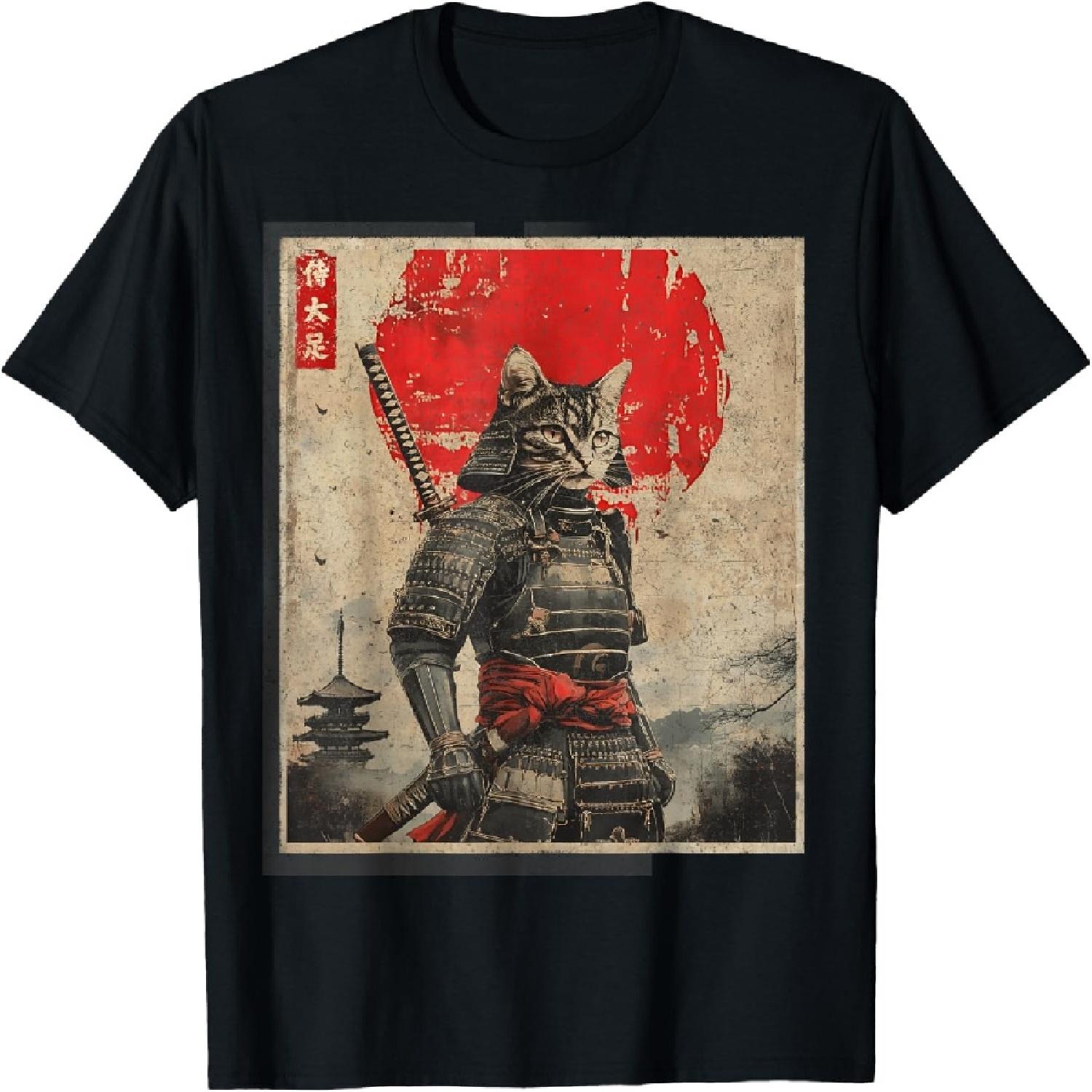 Винтажная футболка с японской графикой «Кот-самурай», мужская футболка с искусством укиё-э XXXXXL разноцветный