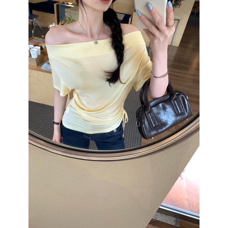2026 Korean Style Lyocell Tencel Swing Neck Drawstring Short Sleeve Slim Fit Summer Top