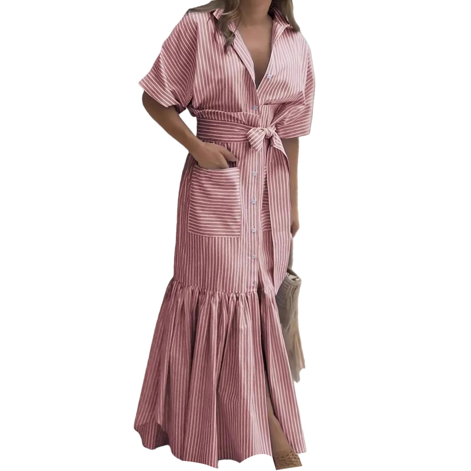 

Women s Fashion Striped Collar Short Sleeve Button Pocket Strap Loose Long Shirt Dress XL червоний