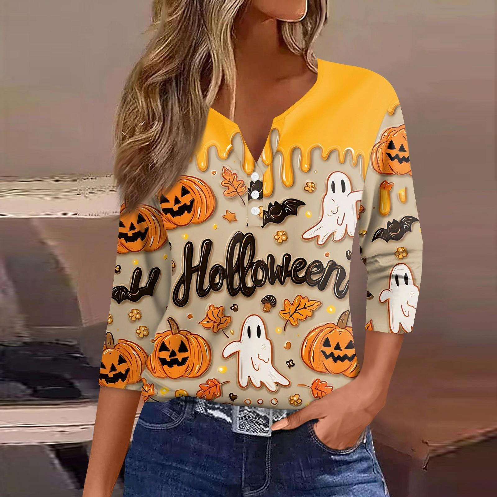 

Жіноча футболка з принтом на Хелловін, ґудзики, рукав 3/4, щоденний вихідний, модний базовий, V-подібний виріз, звичайний топ XXXL хакі