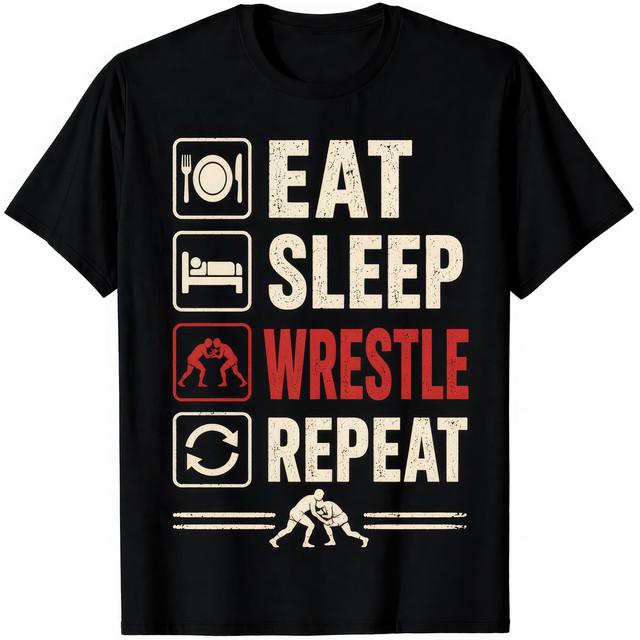 Eat Sleep Wrestle Repeat T-Shirt Funny Wrestling Fan Gym Sports Gift S