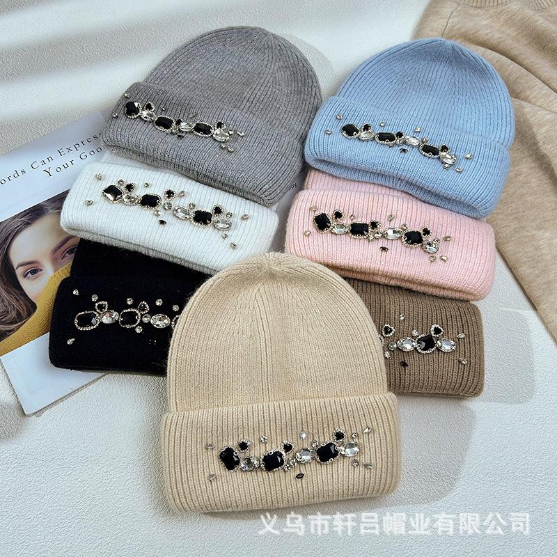 Hat Women's Autumn and Winter Rabbit Hair Warm Knitted Hat Women's Group Wind Fashion Rhinestone Wool Hat Versatile Crouch Cold Hat