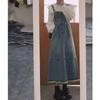 2026 Women's Washed Denim Overall Skirt - Retro Frayed Hem, Mid-Length Summer Style