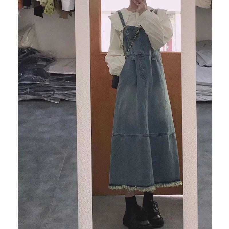 2026 Women's Washed Denim Overall Skirt - Retro Frayed Hem, Mid-Length Summer Style