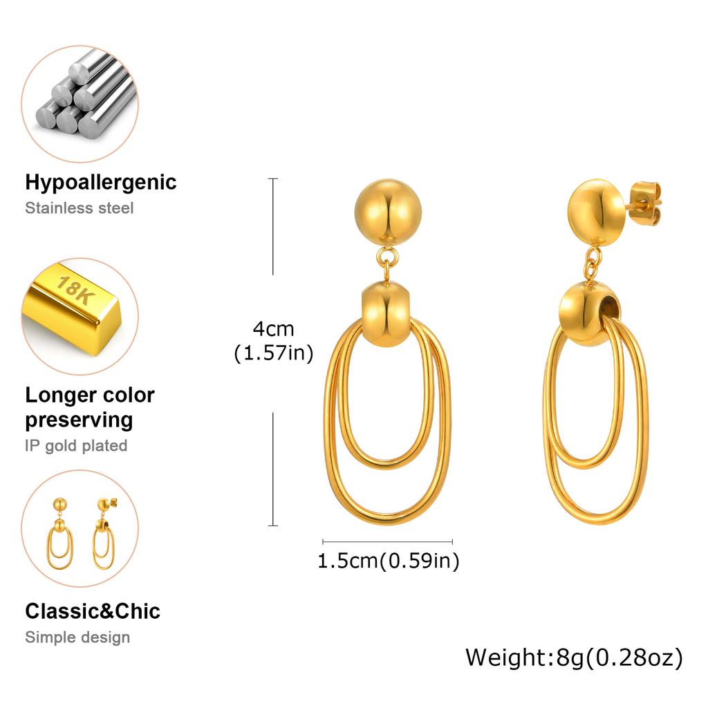 Retro Double Layer Elliptical Coil Bead Drop Earrings for Women, Geometric Stainless Steel Earrings, Vintage Fashion Jewelry