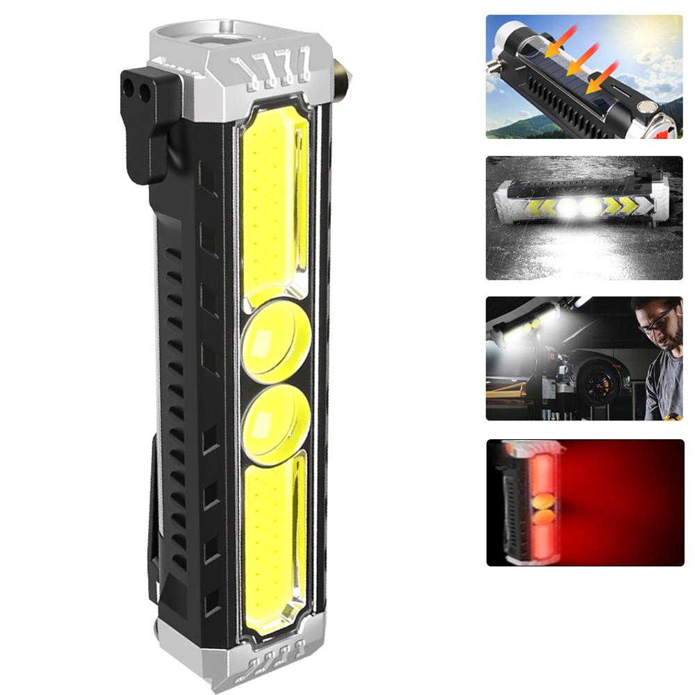 Portable COB Working Light Magnetic Flashlight Type-C Rechargeable Flashlight Multifunction Lamp with Hook Safety Hammer Torch