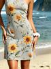 2026 Summer One Shoulder Sunflower Print Mini Dress, Grey Slim Bodycon Beach Sundress