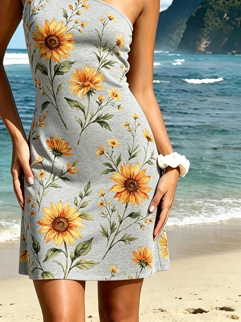 2026 Summer One Shoulder Sunflower Print Mini Dress, Grey Slim Bodycon Beach Sundress