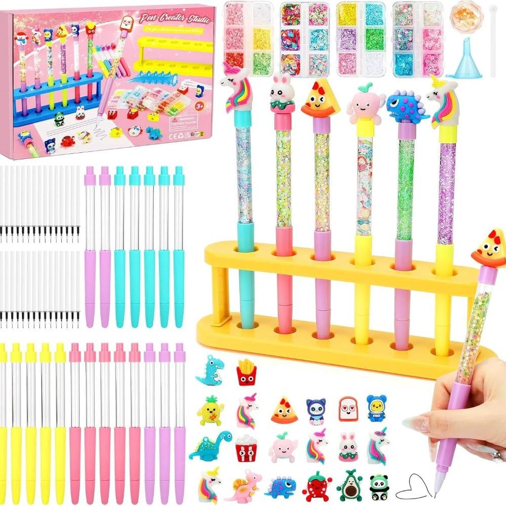 DIY Sada na výrobu třpytivých per Dětské výtvarné potřeby Více než 80 kusů Ručně vyráběná umělecká sada Vyrobte 16 per Kreslená dekorace Narozeninový dárek pro dívky Bo
