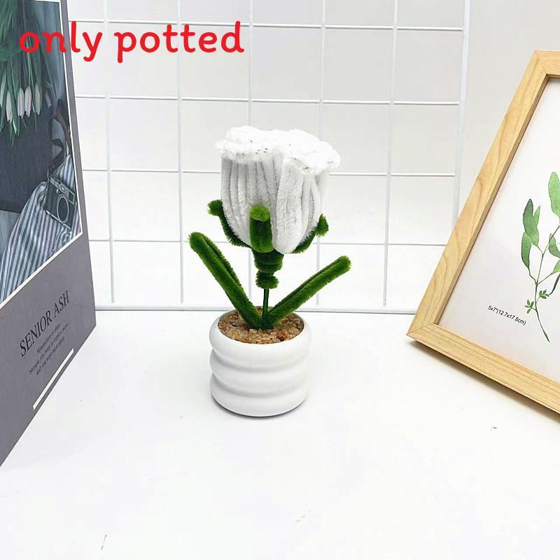 

Multi Colored Plush Twisted Rod Rose Potted Desktop Decoration Ornament For Home Desk Decor White B