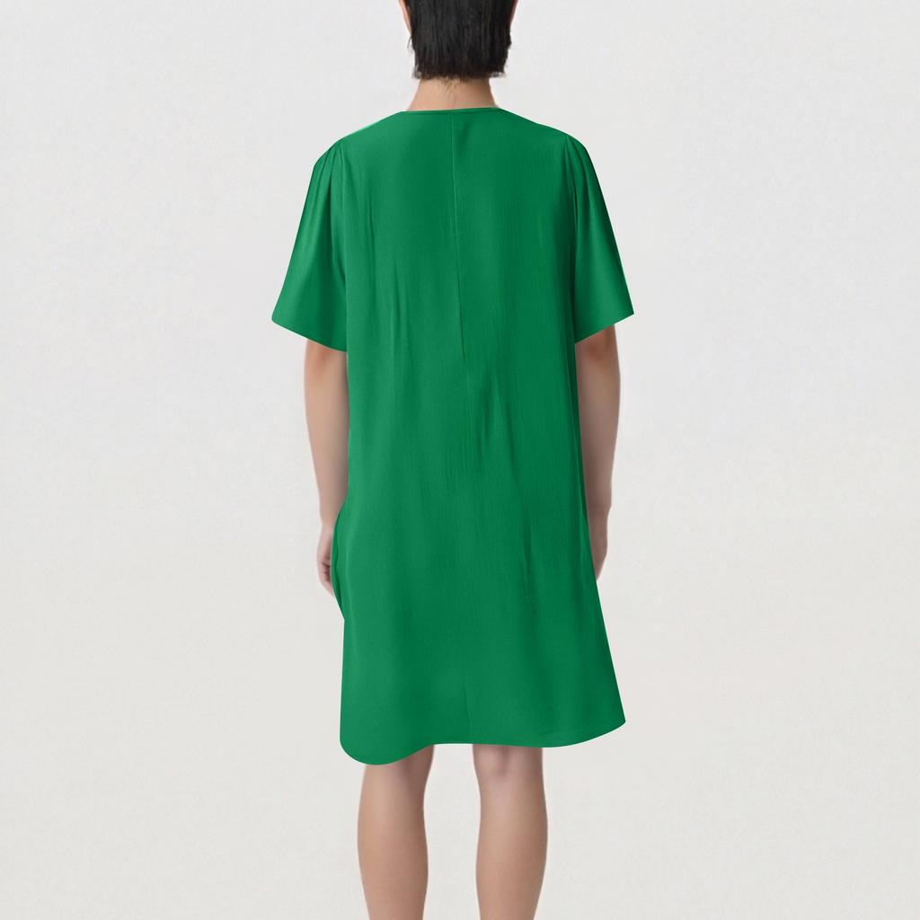 Women's Casual Loose Fashion Retro Cotton Short Sleeve V-neck Pleated Dress