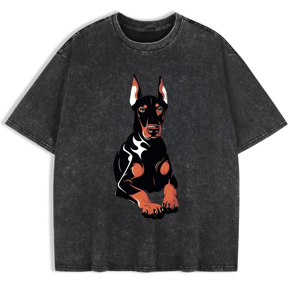 Doberman Dog Printing Washed T-Shirts Mens Cotton Short Sleeve Tops Summer O-Neck Oversized T Shirts Basic Clothes