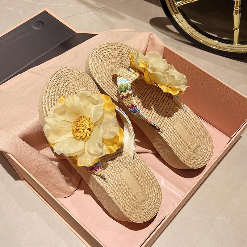 Summer Wedges Flip Flops Shoes Women Flower Thick Bottom Vacation Beach Slippers Casual Middle Hees Slides Zapatos De Mujer