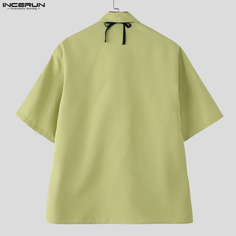 INCERUN Oversized Men Tie Up Neck Short Sleeve Flowers Casual Loose Shirts