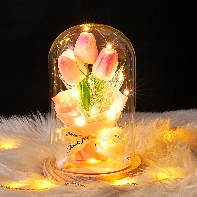 Tulip Glass Cover Flower Lamp Practical Birthday Gift Ornament Decorative Gift Teachers' Day Valentine's Day Eternal Flower Lamp