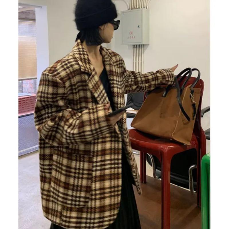 Neue Winter Verdickte Retro Karomuster Wolljacke für Damen Temperament Tweed Anzugmantel Locker Vielseitig Elegant Strickjacke