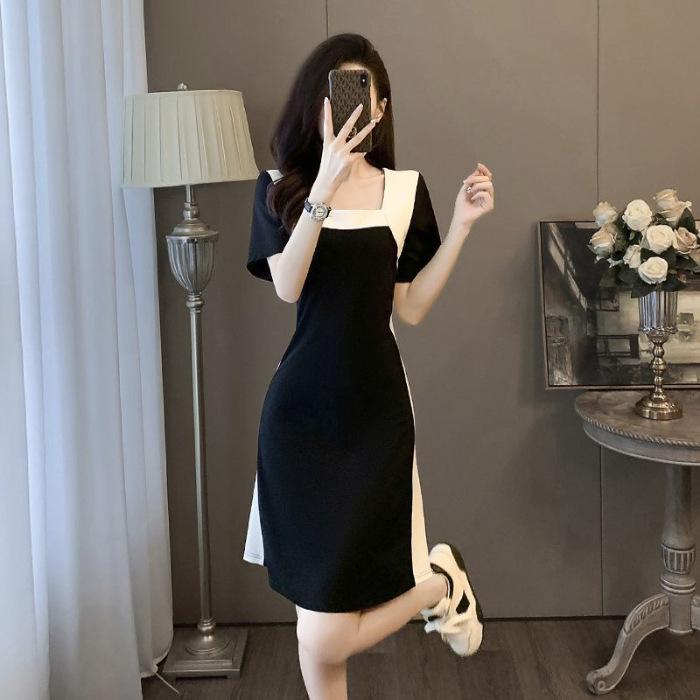 French Dress Waist Thin Splicing Summer Skirt New Design Sense Niche Black and White Temperament Color Matching Bottom Skirt