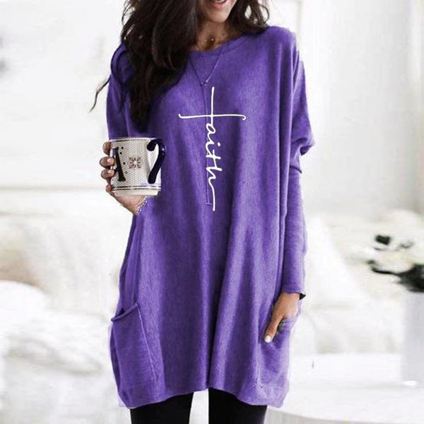 Høstmote Dame Langermet bluse Bokstavtrykt Casual Pocket Faith T-skjorte Damebluse Tunika Topper Plus Size