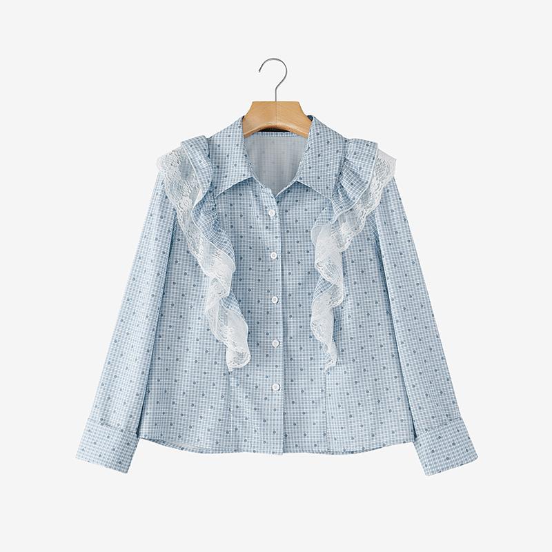 ZANZEA Women Casual Turn Down Collar Long Sleeve Lace Splice Print Blouse M синий