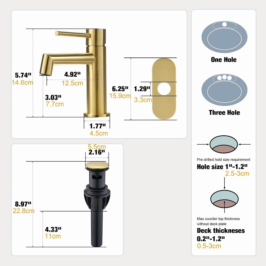 Brushed Gold Bathroom Faucet with Plastic Pop Up Drain, 6.25'' Metal Escutcheon and Supply Lines, Single Handle Stainless Basin Mixer Tap, Modern