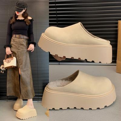 Leder Boken Schuhe Damen Herbst und Winter dicksohlige Muffin flauschige Hausschuhe 2025 neu einpedalige Taschenkopf Halbschuhe Baumwollschuhe