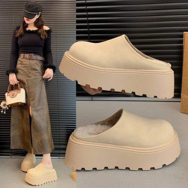 Leather Boken shoes women's autumn and winter thick-soled muffin fluffy slippers 2025 new one-pedal bag head half-drag cotton shoes