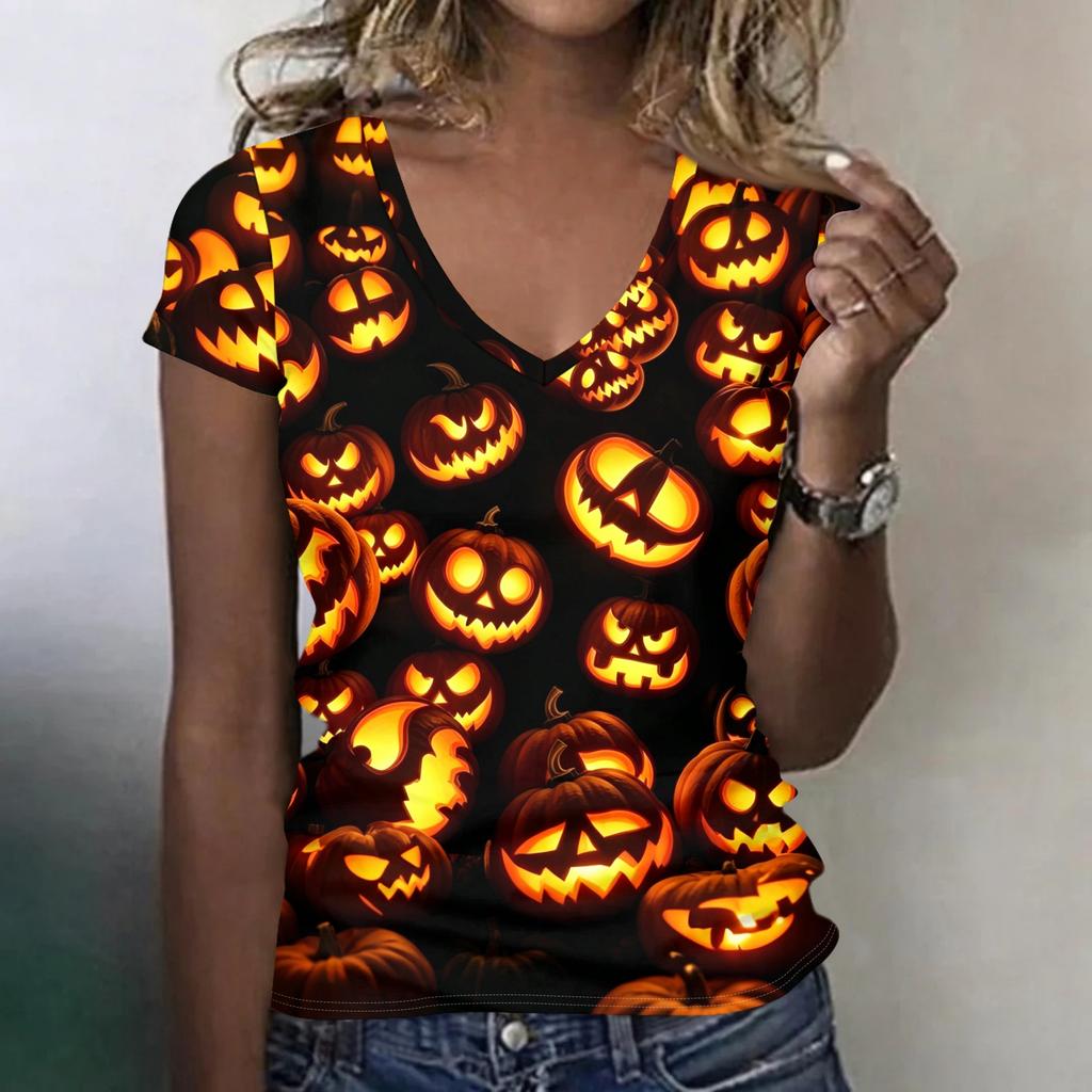 Women's V-Neck Halloween Print Blouse Lightweight Spring Summer Top