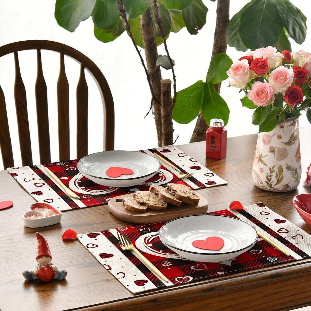 Red Black Love Mother's Day Placemats Set of 4, 12x18 Inch Seasonal Holiday Table Mats for Party Kitchen Dining Decoration