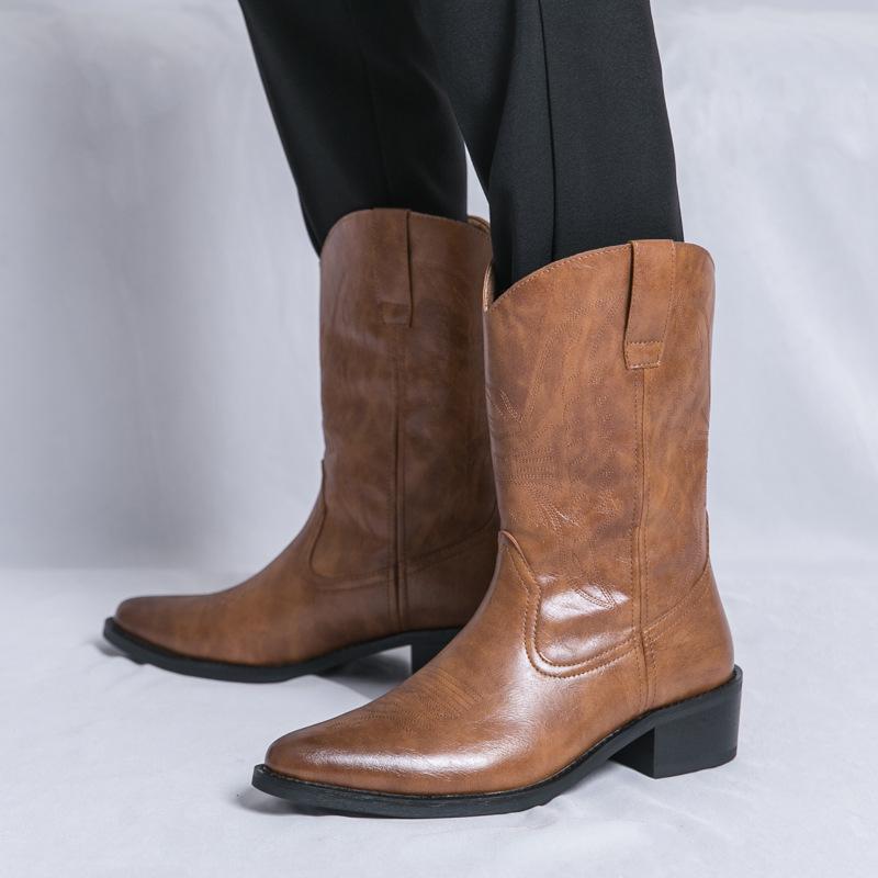 

Large size 46 anti-velvet leather Chelsea men s shoes British trend casual high-top leather shoes tooling short boots Martin boots 46 коричневий