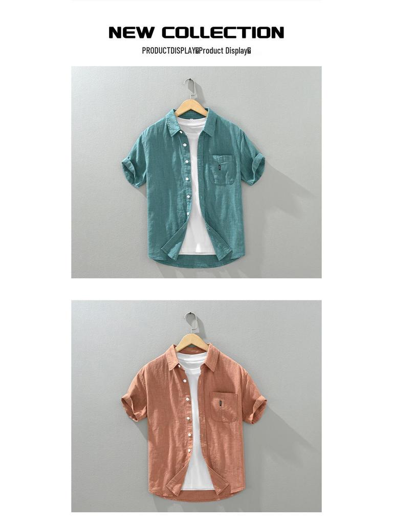 1267 Solid Color Short Sleeve Cotton Linen Shirt