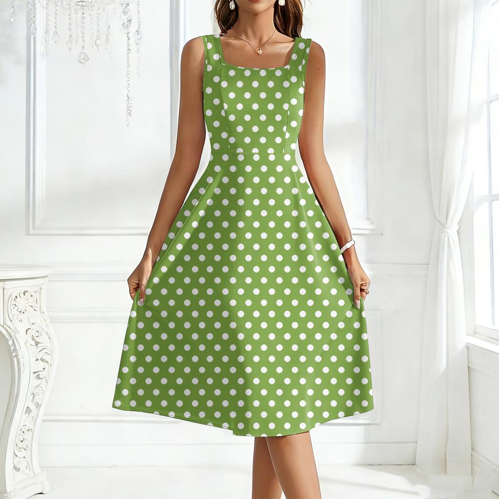 Women's Square-Neck Sleeveless Polka Dot Maxi Dress