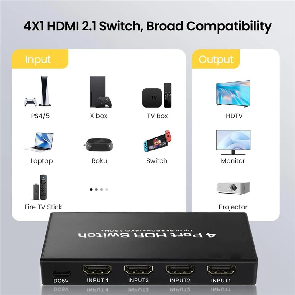 Q8-4 Ultracienki HDMI 2.1 8K 60Hz Gamingowy Przełącznik 4x1 Home Theater Adapter z Pilotem