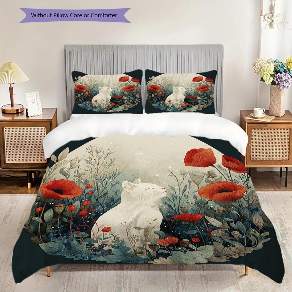 Black Cat Pattern Bedding Quilt Set Quilt Cover Pillowcase Home Decoration Birthday Gift (1 * Duvet Cover + 2 * Pillowcase, Without Core)