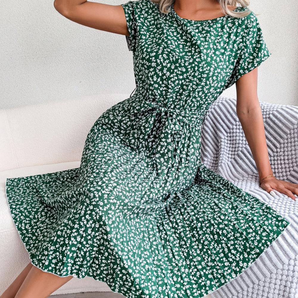 Abito donna primavera estate manica corta a vita alta chic moda floreale pieghettato abito lungo a linea