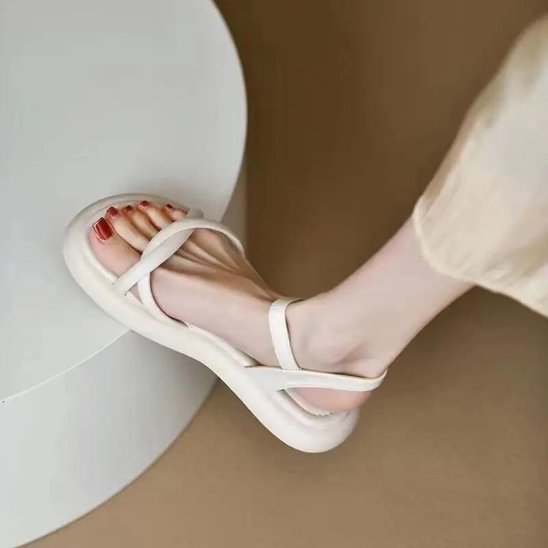 Fashion Ladies Shoes Outdoor Summer 2024 One Word Beach Open Toe Sandals for Women Flat Rubber Footwear Buckles No Heel Chic and Elegant