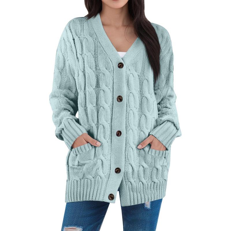 Damenmode Einfarbige Lässige Strickjacke Zopfmuster Knopf Strickjackenpullover