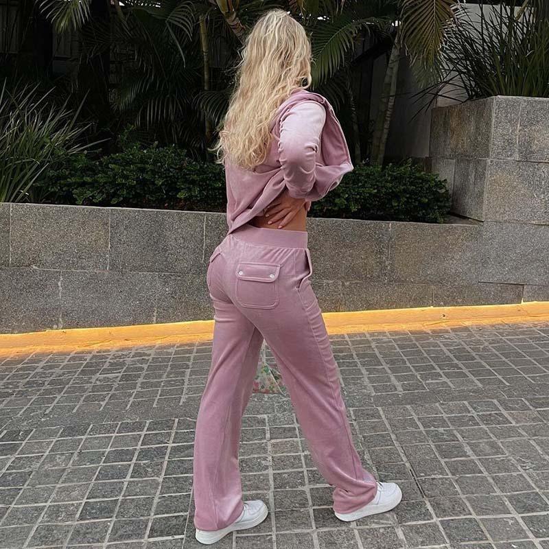 Women Autumn Winter Fashion Hoodies Jogging Tracksuit Velvet Zipper Sweatshirt Straight Leg Pants Two Piece Set