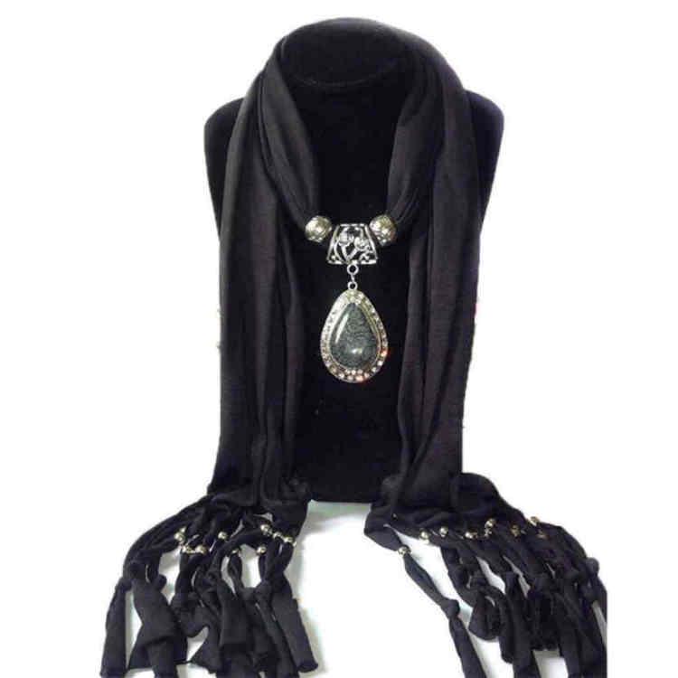 4 Colors Woman's Long Resin Little Rhinestone Pendant Shawl Scarf Necklace Scarf with Pendant