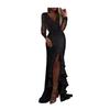 Sexy Bodycon Maxi Dress for Women V Neck Long Sleeve Mesh Sequin Dress Ruffle Side Split Wedding Guest Cocktail Party Dress