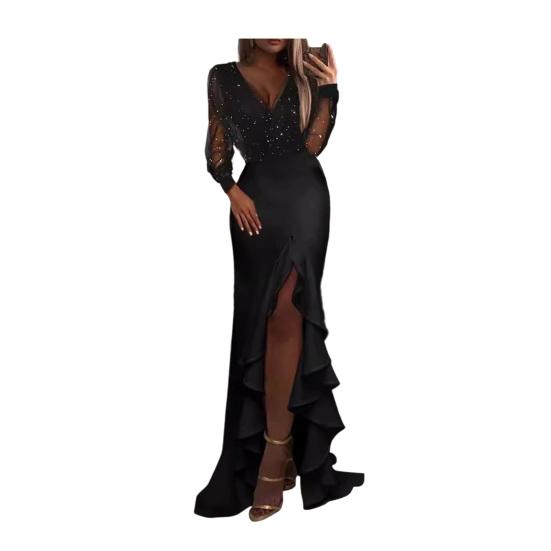 Sexy Bodycon Maxi Dress for Women V Neck Long Sleeve Mesh Sequin Dress Ruffle Side Split Wedding Guest Cocktail Party Dress