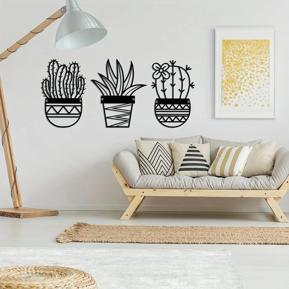 3-Piece Cactus Metal Wall Art Set - Natural Theme, Modern Black Metal Wall Decor