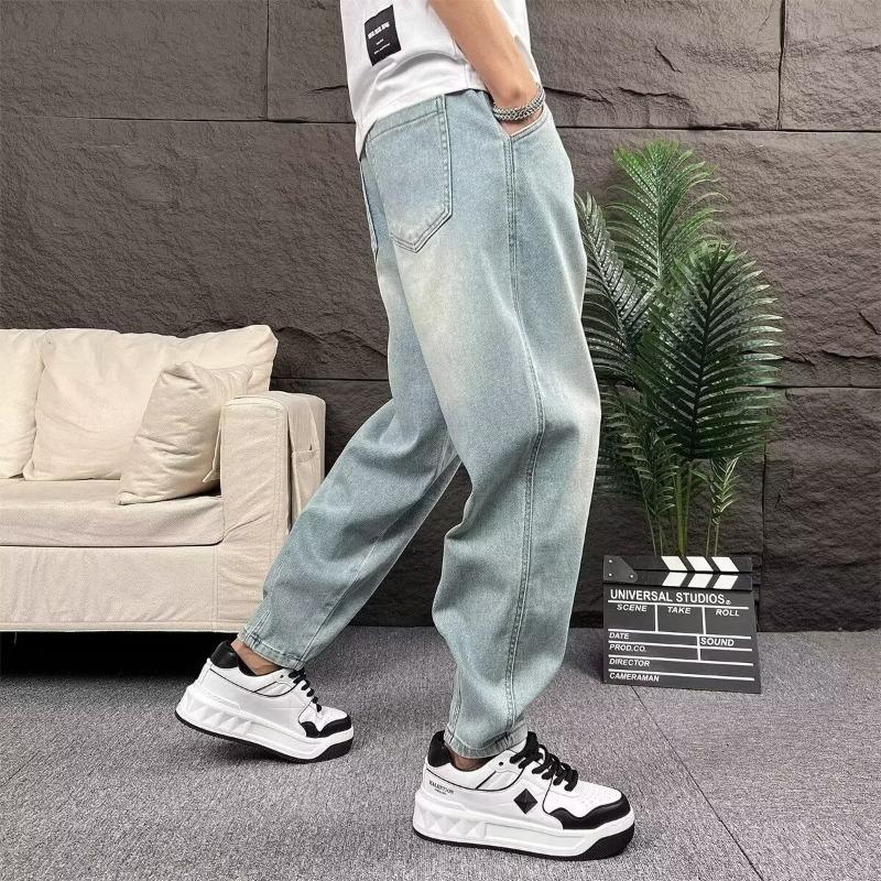 

Spring and summer casual ruffian handsome washed retro light blue jeans men s straight loose and versatile S светло-синий