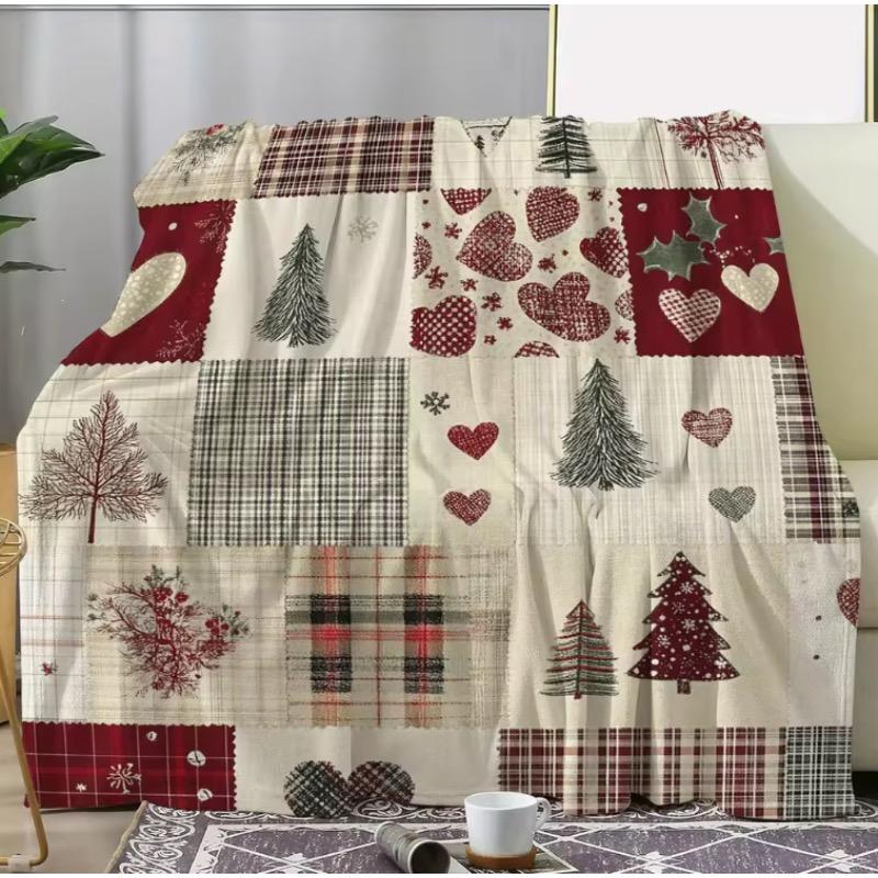 Christmas Flannel Blanket Patchwork Xmas Trees Hearts Cozy Sofa Festive Warmth Durable Soft Holiday Decor Certified Quality