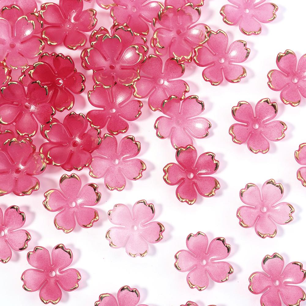 50pcs/lot Colorful Cherry Blossom Acrylic Beads Golden Brushed Patter Petals Charm Connectors For Jewelry Making DIY Acessories