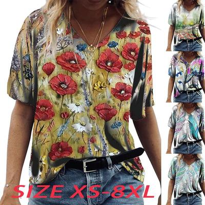 Women's V-Neck Short Sleeve Blossoming Flowers Printed Tops Loose T-Shirt Casual Blouse