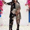 Women Plus Size Round Neck Long Sleeve Printed Layered Top And Long Pants Two Piece Set