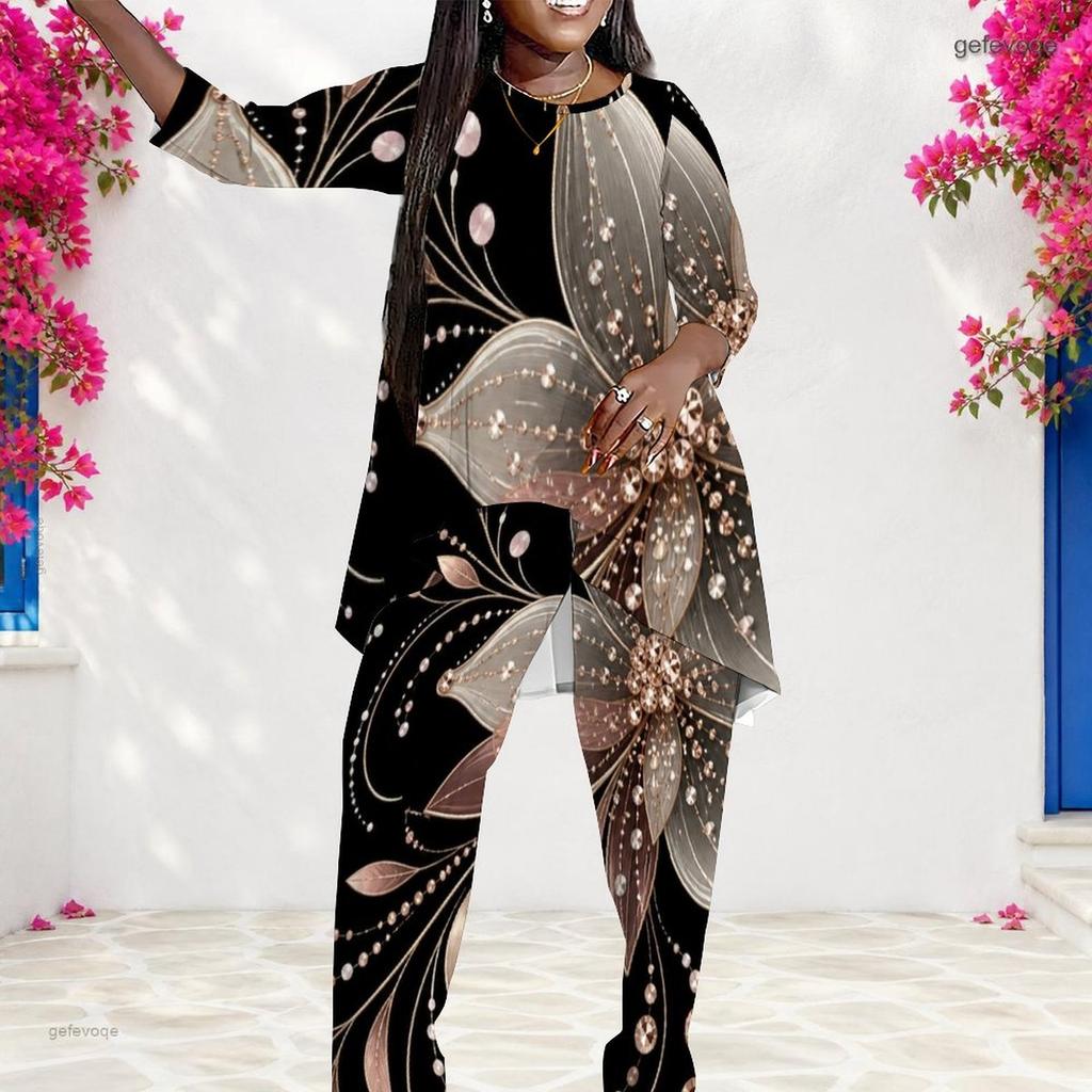 Women Plus Size Round Neck Long Sleeve Printed Layered Top And Long Pants Two Piece Set